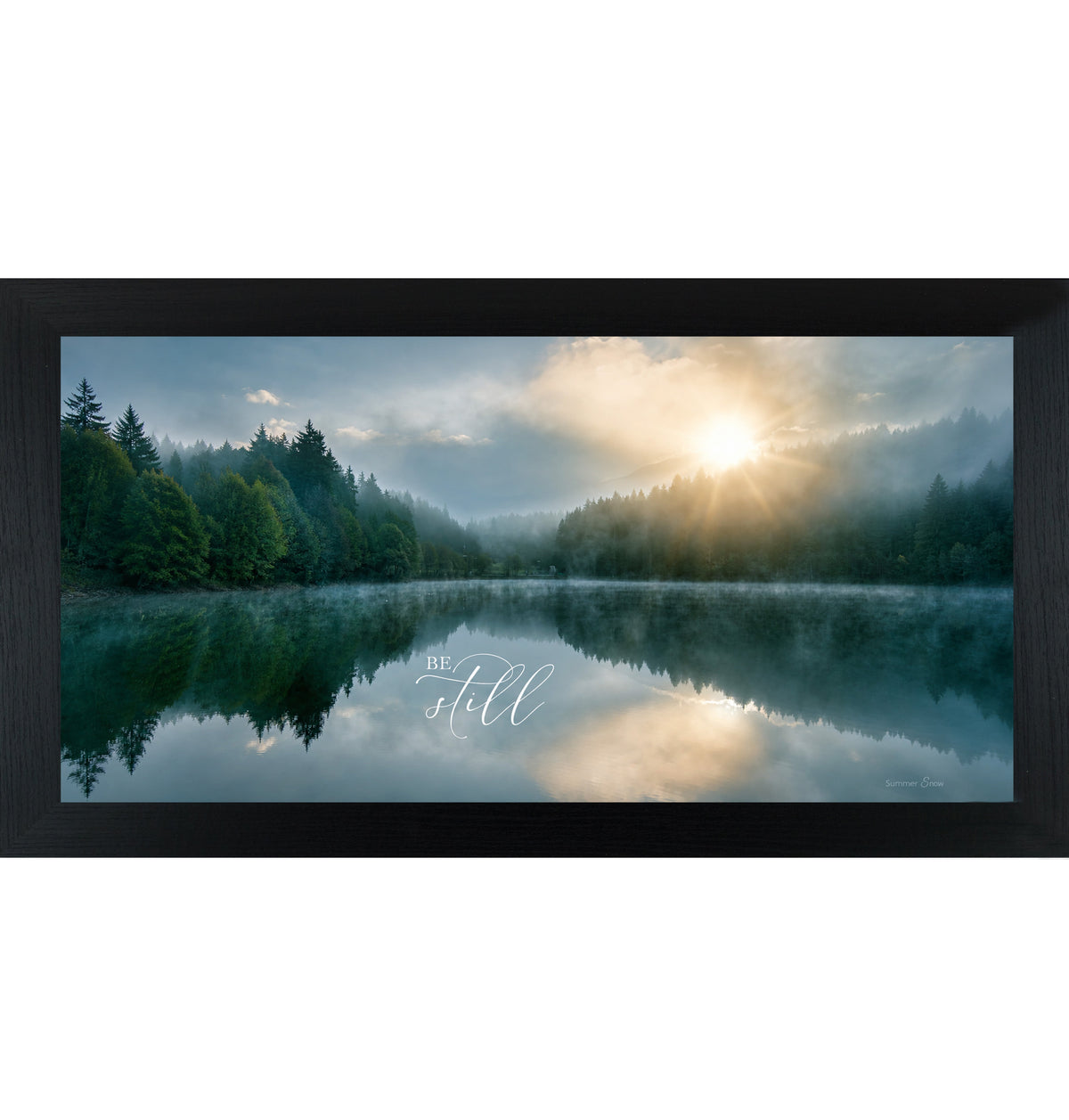 Be Still misty lake sunrise framed Christian wall art - view 3