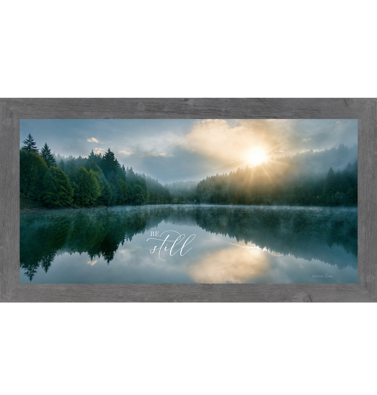Be Still misty lake sunrise framed Christian wall art - view 2